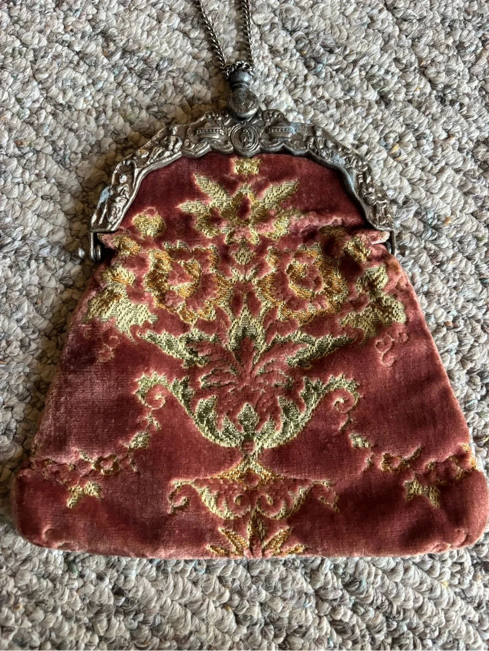 1920’s Vintage-Inspired Pink Velvet Embroidered Evening Bag with Pewter Frame